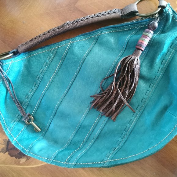 Vintage Fossil Teal Patchwork Boho Leather Shoulder Bag with Leather Tassel - Picture 5 of 11